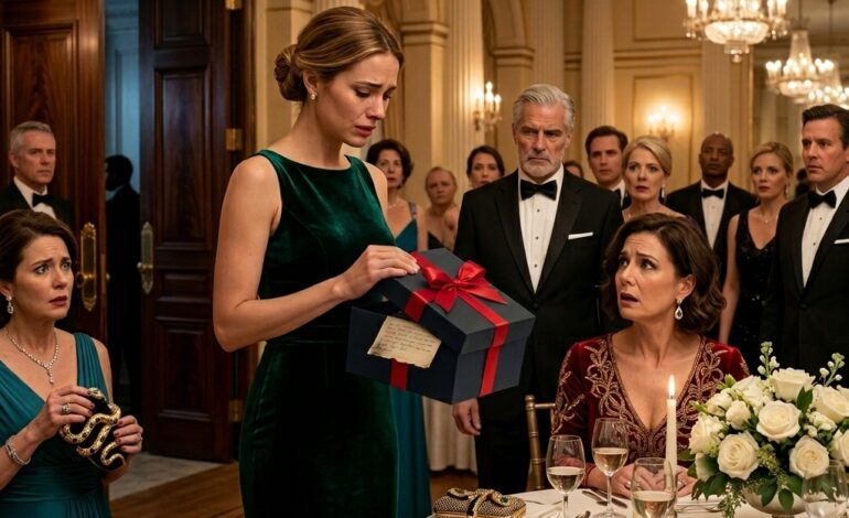 MY MOTHER LAUGHED WHEN I WALKED INTO HER 15TH ANNIVERSARY PARTY WITH A SMALL NAVY GIFT BOX, CALLED ME A FREELOADER IN FRONT OF FIFTY GUESTS, AND LET MY STEPFATHER SHOVE THE PRESENT BACK INTO MY CHEST LIKE I WAS STILL THE GIRL THEY THREW AWAY YEARS AGO—BUT THE SECOND I SET THAT BOX ON THE TABLE, UNTIED THE SILVER RIBBON, AND CALMLY ASKED EVERYONE IN THE BALLROOM TO LOOK INSIDE BEFORE THEY KEPT JUDGING ME, THE SMILES AROUND THE ROOM STARTED TO DIE, THE WHISPERS TURNED INTO STUNNED SILENCE, AND THE WOMAN WHO SPENT YEARS TELLING EVERYONE I WAS NOTHING REALIZED SHE HAD JUST REJECTED THE ONE GIFT THAT COULD HAVE CHANGED HER LIFE FOREVER
