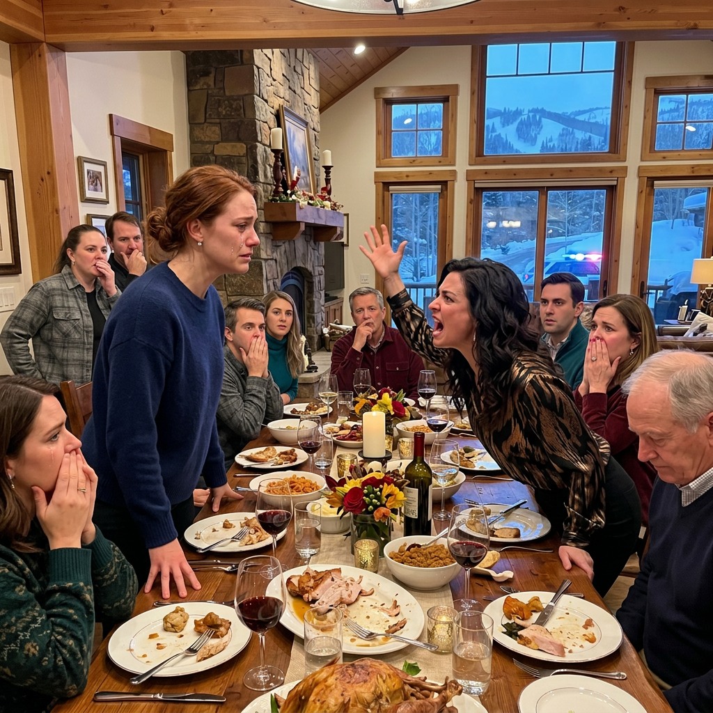 At Thanksgiving dinner, my sister yelled at me, “Why are you ruining the aesthetic of my $3.5 million ski lodge?” I smiled and said, “You don’t own this house. You’re just a trespasser.” At that moment, the lights turned— Then the police arrived.