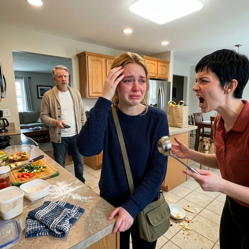 I was cooking lunch when my own sister suddenly hit me on the head with a ladle. “Who cuts like that, you useless thing?” My dad just turned the TV volume up louder. But when five minutes later a loud crash came from the kitchen, he ran there… and froze.