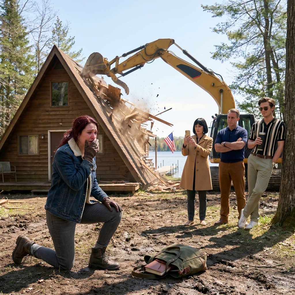 I dropped to my knees in the mud as a 30-ton bulldozer crushed the $500,000 lake house I’d emptied my savings to buy, while my mother stood outside the dust laughing and filming my face before smirking, “It’s your brother’s land now. Go rent a room” — right up until the bucket reached the stretch of shoreline they thought was nothing but weeds
