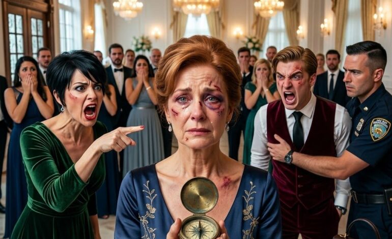 My son violently hit me 30 times in front of his wife at his birthday dinner. “Get out, you obsolete burden,” she laughed. Then, he hurled the only thing I had left of my late husband—his vintage compass away. I didn’t yell. I didn’t cry. I quietly left the mansion. He thought he had won. But when the sun came up, he was desperately begging me to cancel the command that just ruined his life…