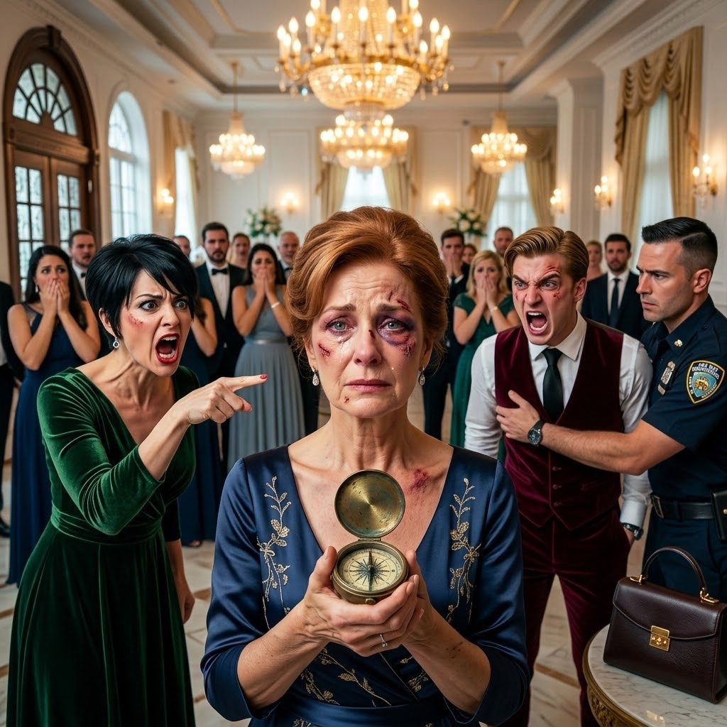 My son violently hit me 30 times in front of his wife at his birthday dinner. “Get out, you obsolete burden,” she laughed. Then, he hurled the only thing I had left of my late husband—his vintage compass away. I didn’t yell. I didn’t cry. I quietly left the mansion. He thought he had won. But when the sun came up, he was desperately begging me to cancel the command that just ruined his life…