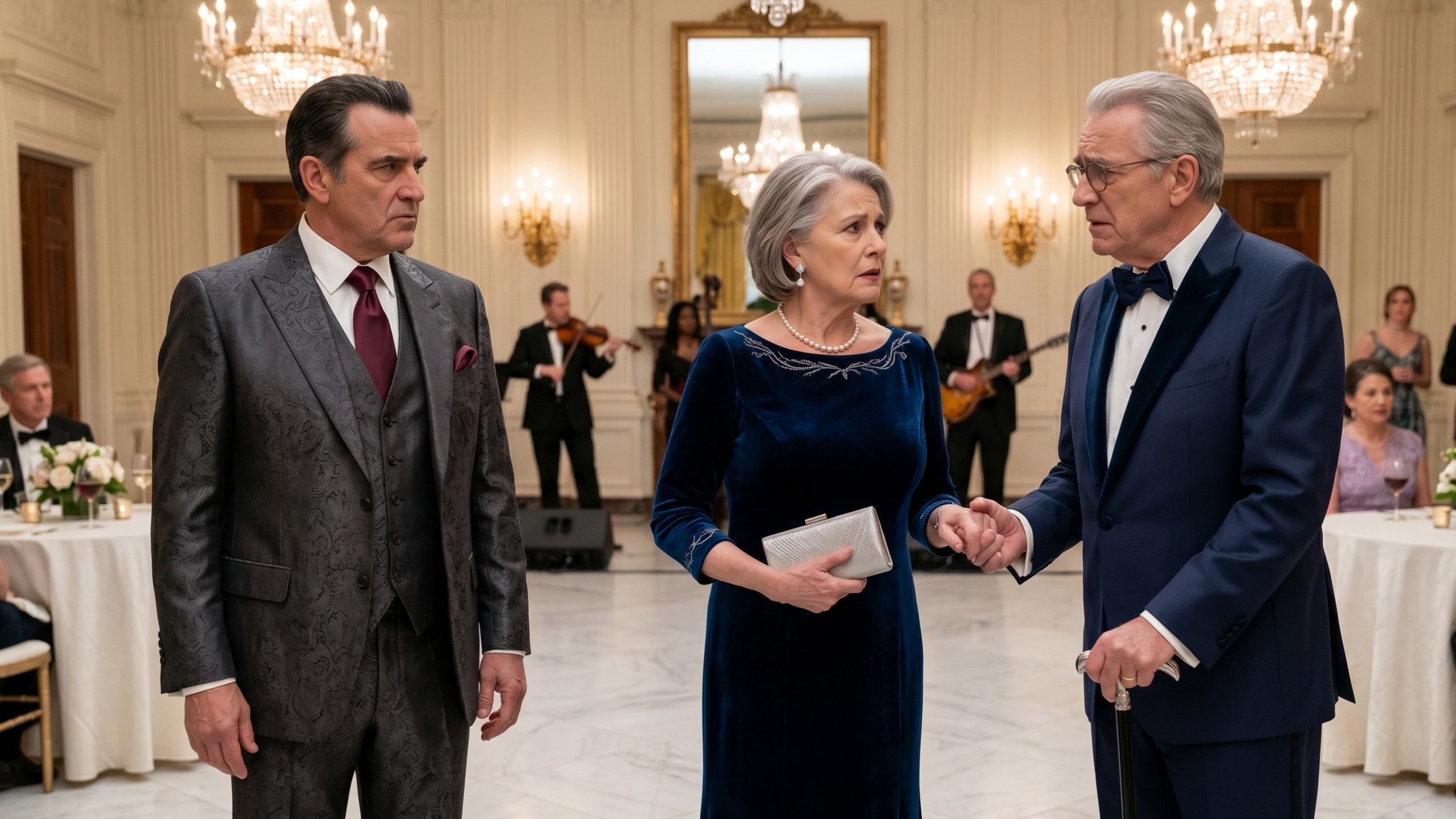 At my grandson’s wedding, my own son stopped a waiter in front of two hundred guests and said, “Don’t serve her. She’s not family—she came for a free meal.” I was already turning toward the exit when a white-haired gentleman took my hand, looked straight at my son, and said, “Serve her first. In a moment, everyone here will understand why this family should have been begging her to stay.”